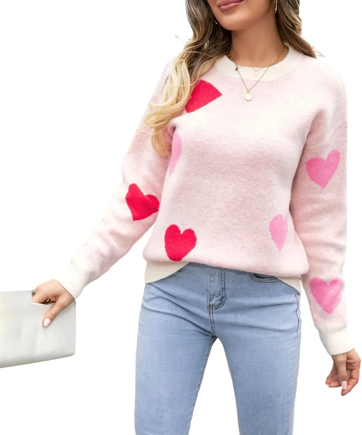 Women Valentines Day Turtleneck Sweaters for Teen Girls Heart Print Oversized Long Sleeve Knit Pullovers Tops(Light Pink Heart,S)
