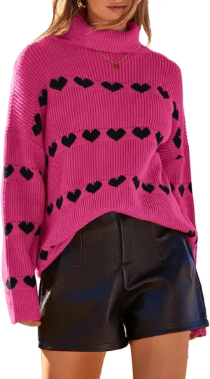 Women Valentines Day Turtleneck Sweaters for Teen Girls Heart Print Oversized Long Sleeve Knit Pullovers Tops(Rosy Red,L)