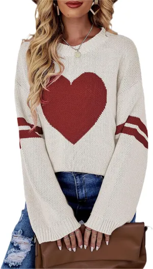 Women Valentines Day Turtleneck Sweaters for Teen Girls Heart Print Oversized Long Sleeve Knit Pullovers Tops(White Apricot,M)