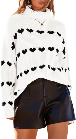 Women Valentines Day Turtleneck Sweaters for Teen Girls Heart Print Oversized Long Sleeve Knit Pullovers Tops(White,S)