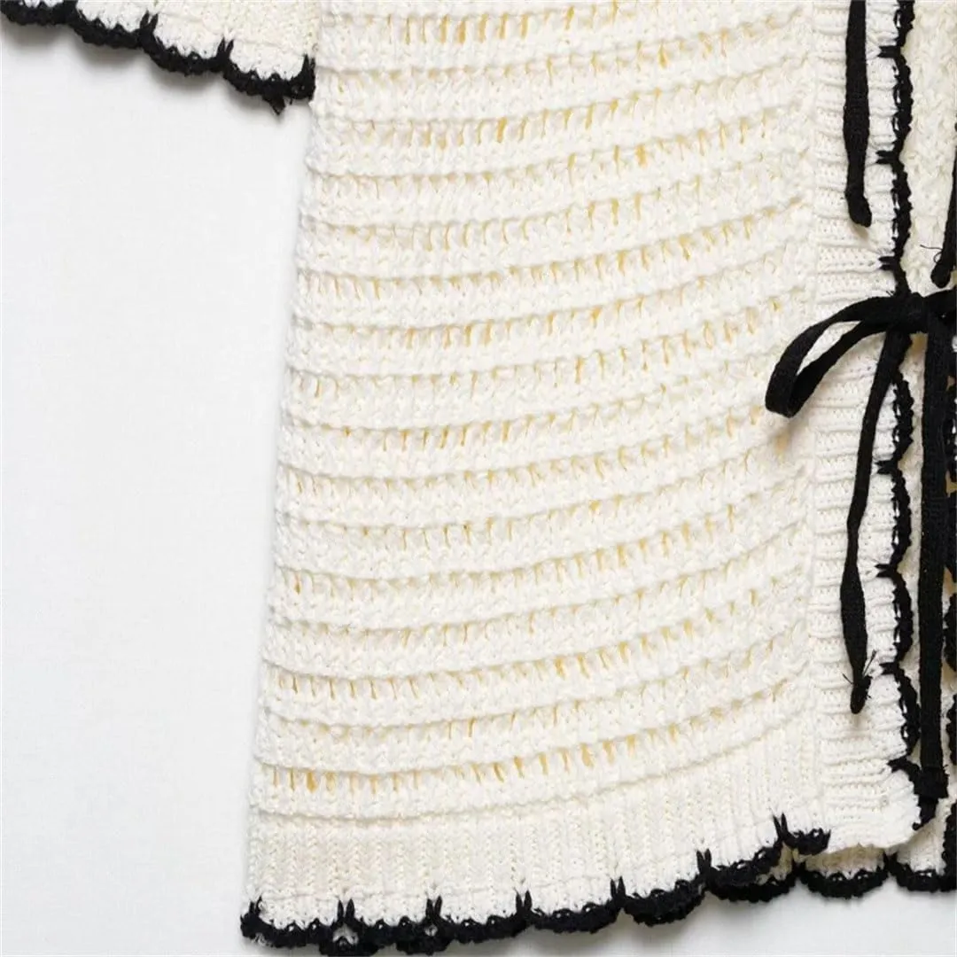 Women Vintage Crochet Top with Collar Short Sleeves Front Tie Closure Sweater