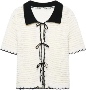 Women Vintage Crochet Top with Collar Short Sleeves Front Tie Closure Sweater