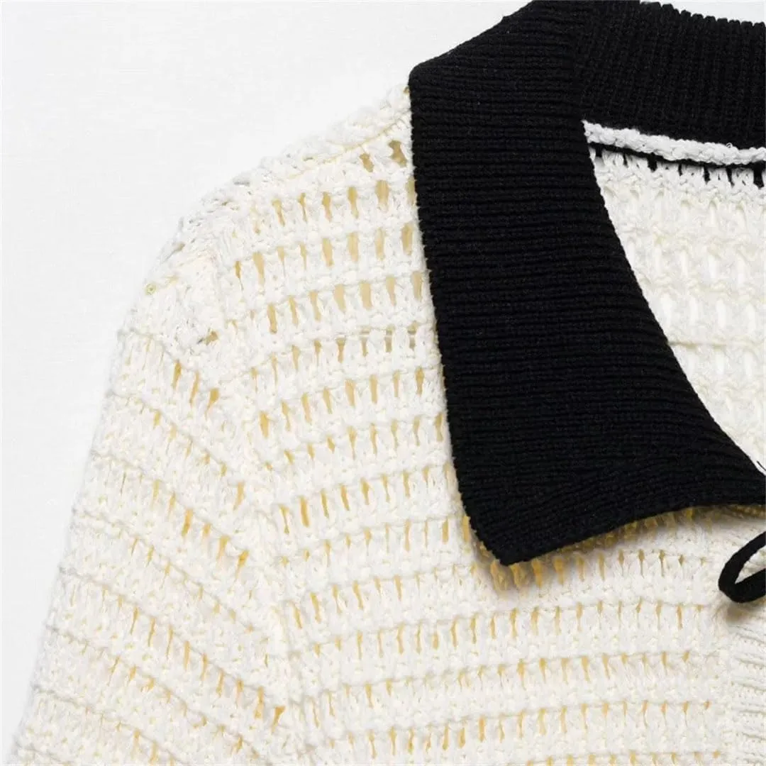 Women Vintage Crochet Top with Collar Short Sleeves Front Tie Closure Sweater