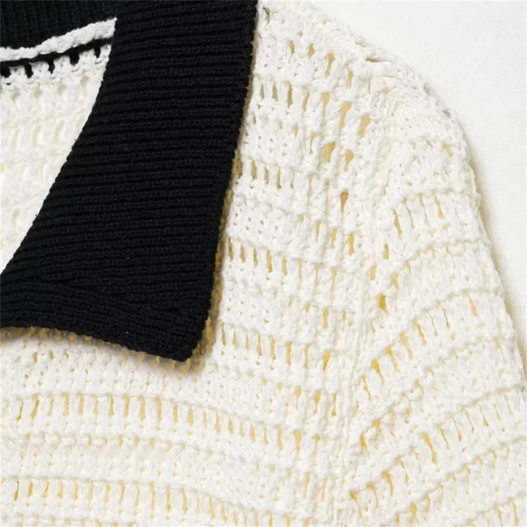 Women Vintage Crochet Top with Collar Short Sleeves Front Tie Closure Sweater