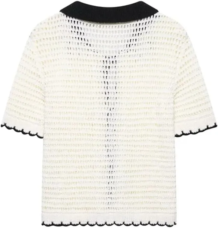 Women Vintage Crochet Top with Collar Short Sleeves Front Tie Closure Sweater