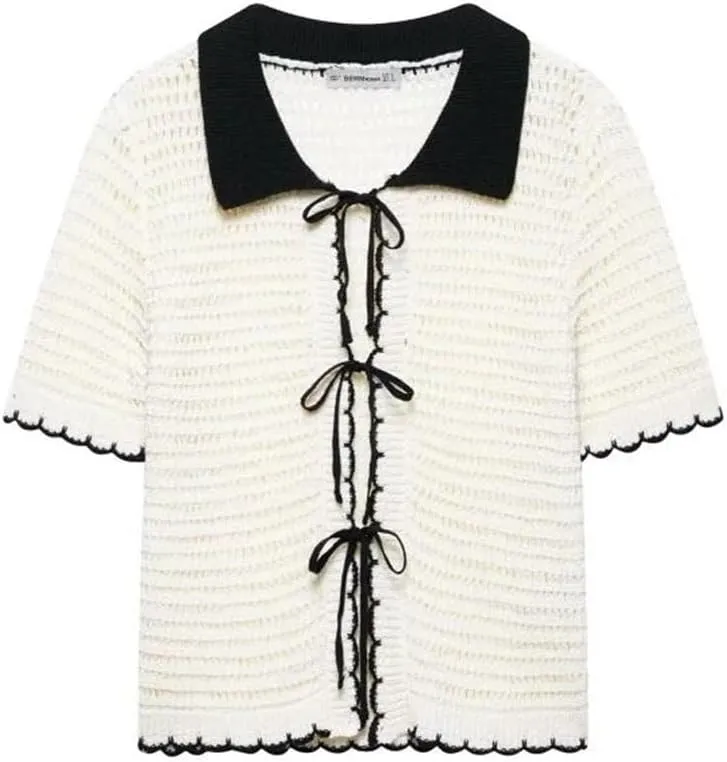 Women Vintage Crochet Top with Collar Short Sleeves Front Tie Closure Sweater