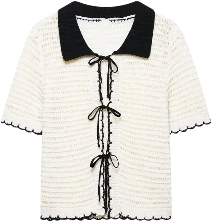 Women Vintage Crochet Top with Collar Short Sleeves Front Tie Closure Sweater