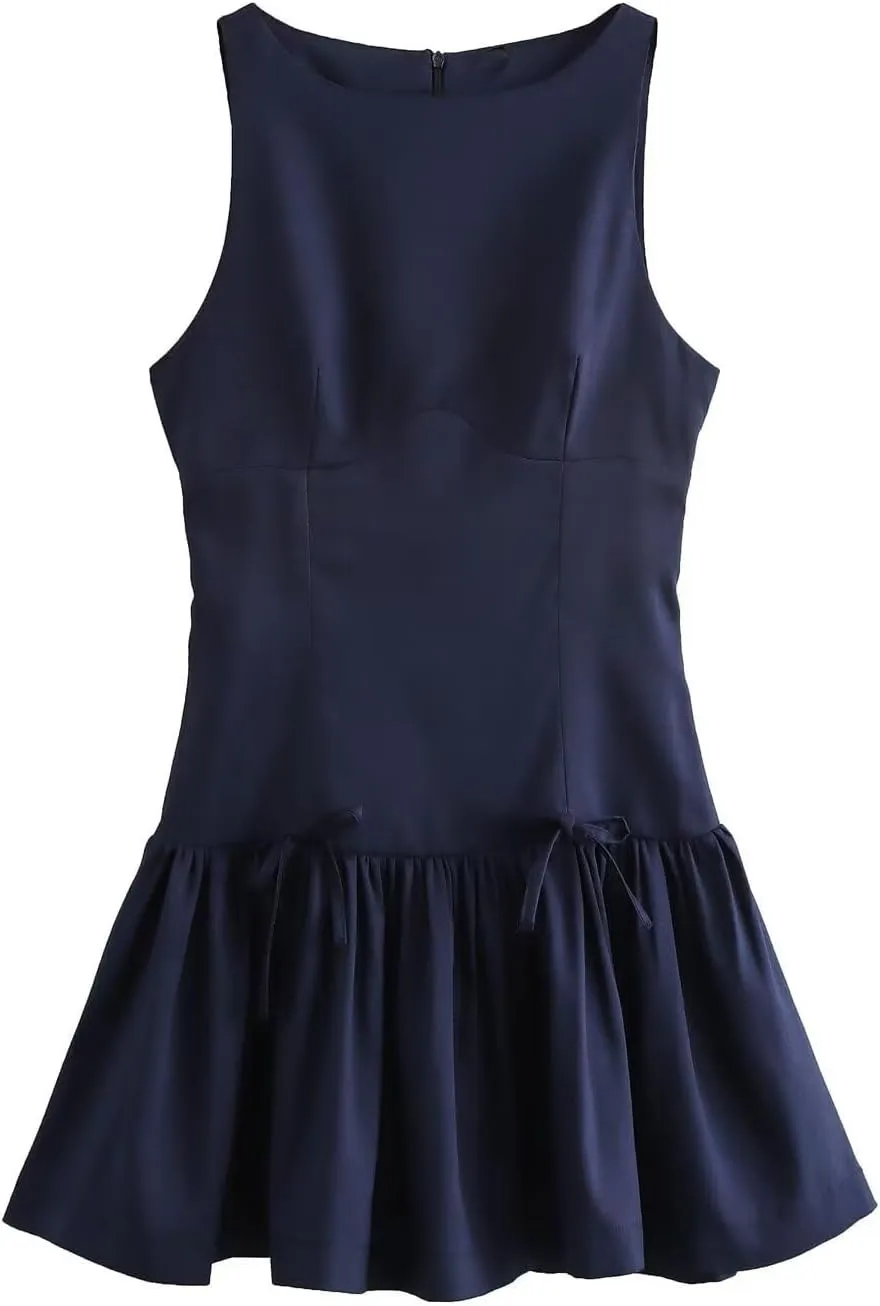 Women Y2k Mini Dress with Bow Sleeveless Pleated A-Line Dress Boat Neck Zipper Back Cocktail Party Tank Mini Dress