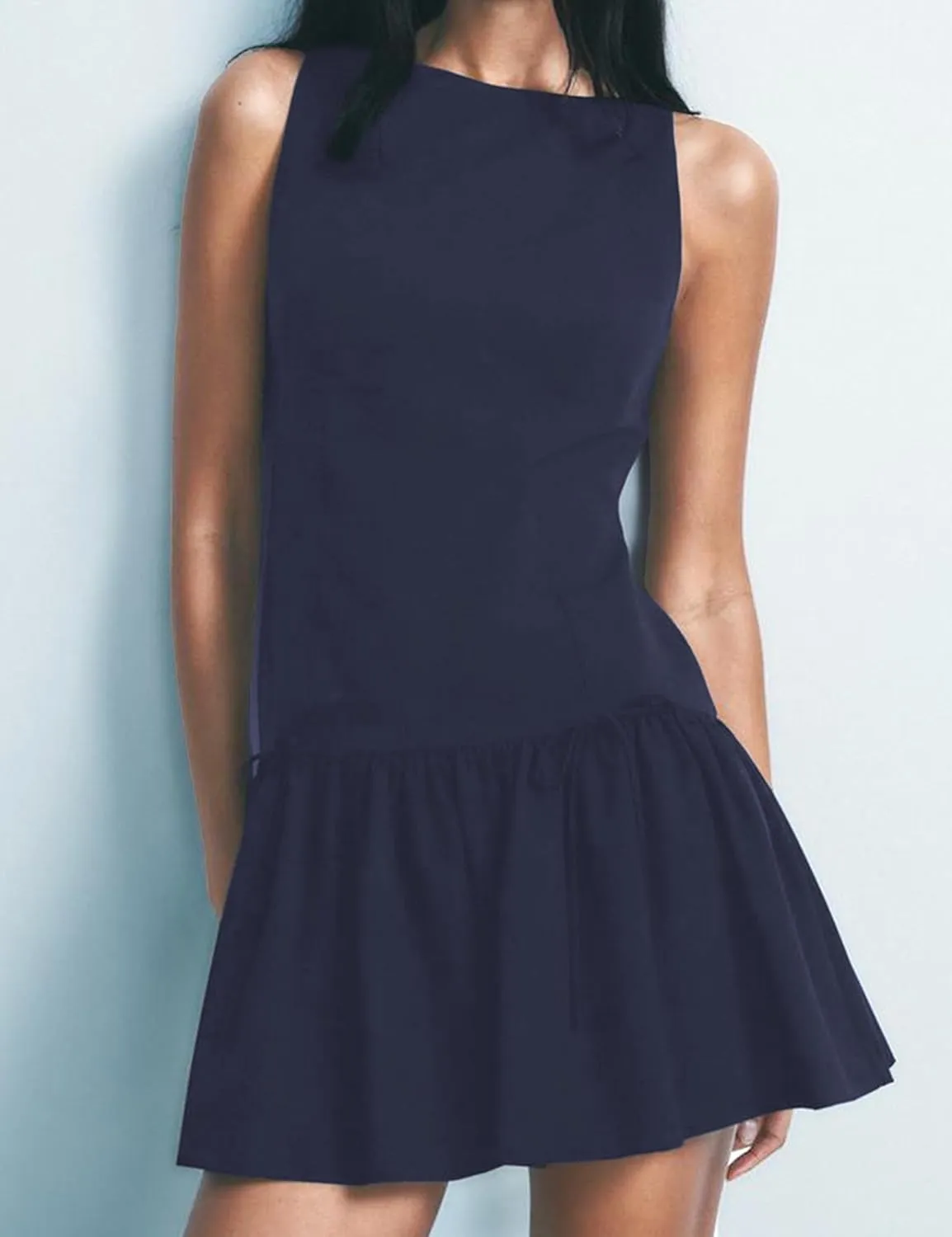 Women Y2k Mini Dress with Bow Sleeveless Pleated A-Line Dress Boat Neck Zipper Back Cocktail Party Tank Mini Dress