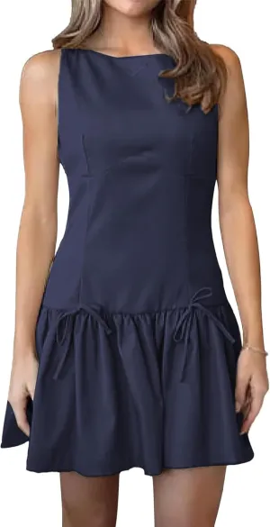 Women Y2k Mini Dress with Bow Sleeveless Pleated A-Line Dress Boat Neck Zipper Back Cocktail Party Tank Mini Dress