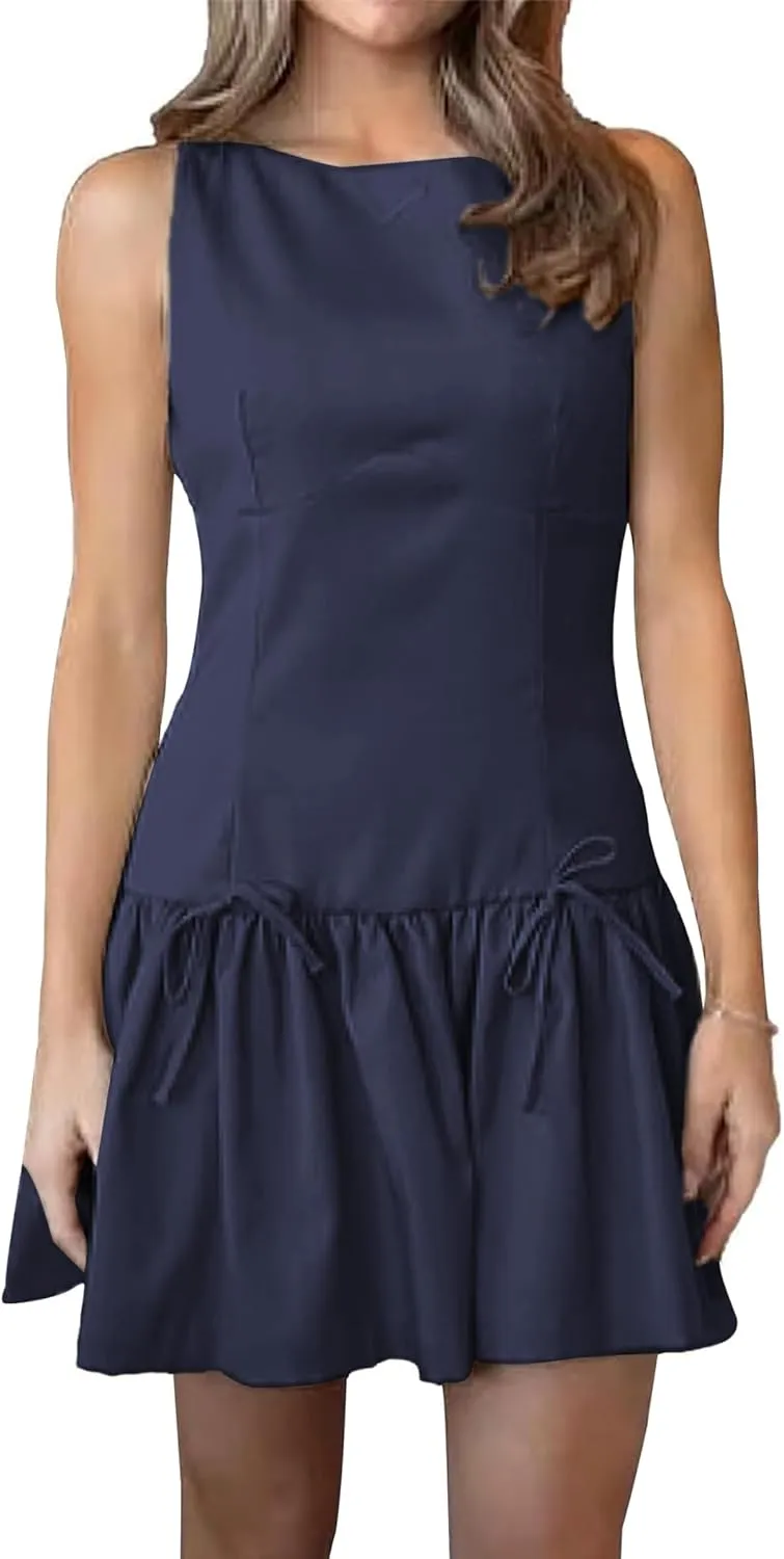 Women Y2k Mini Dress with Bow Sleeveless Pleated A-Line Dress Boat Neck Zipper Back Cocktail Party Tank Mini Dress