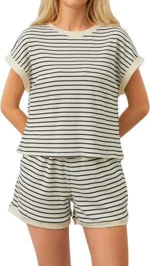 Women's 2 Piece Striped Lounge Set Casual Short Sleeve Tee shirts Mini Ribbed Shorts Pajama Outfits