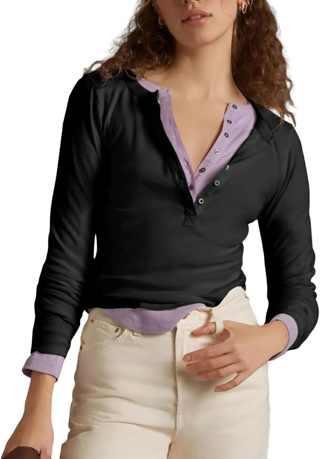 Womens Button Down Henley Shirts Ribbed Deep V Neck Long Sleeve Tops Casual Knit Blouses Tshirts