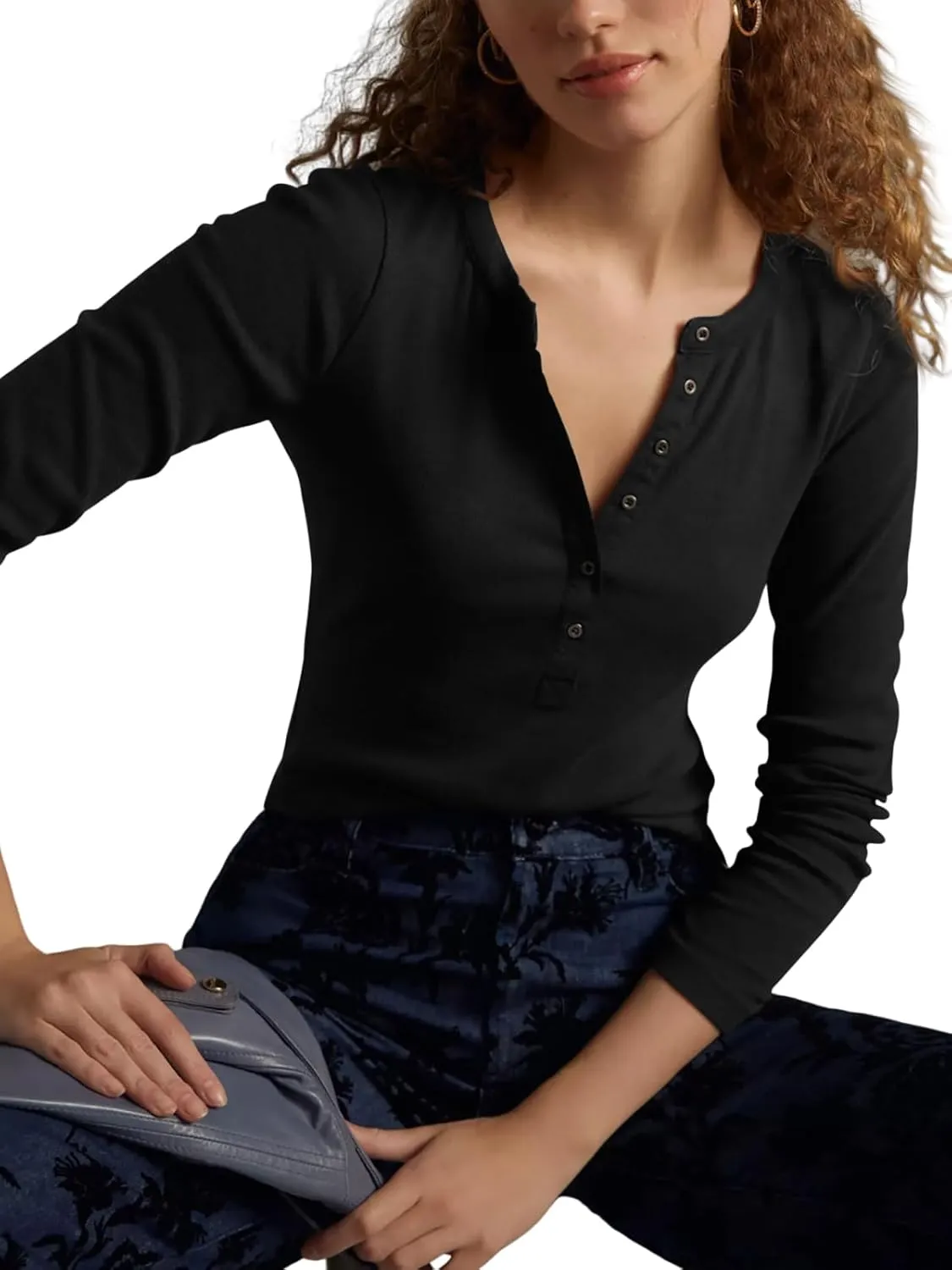 Womens Button Down Henley Shirts Ribbed Deep V Neck Long Sleeve Tops Casual Knit Blouses Tshirts