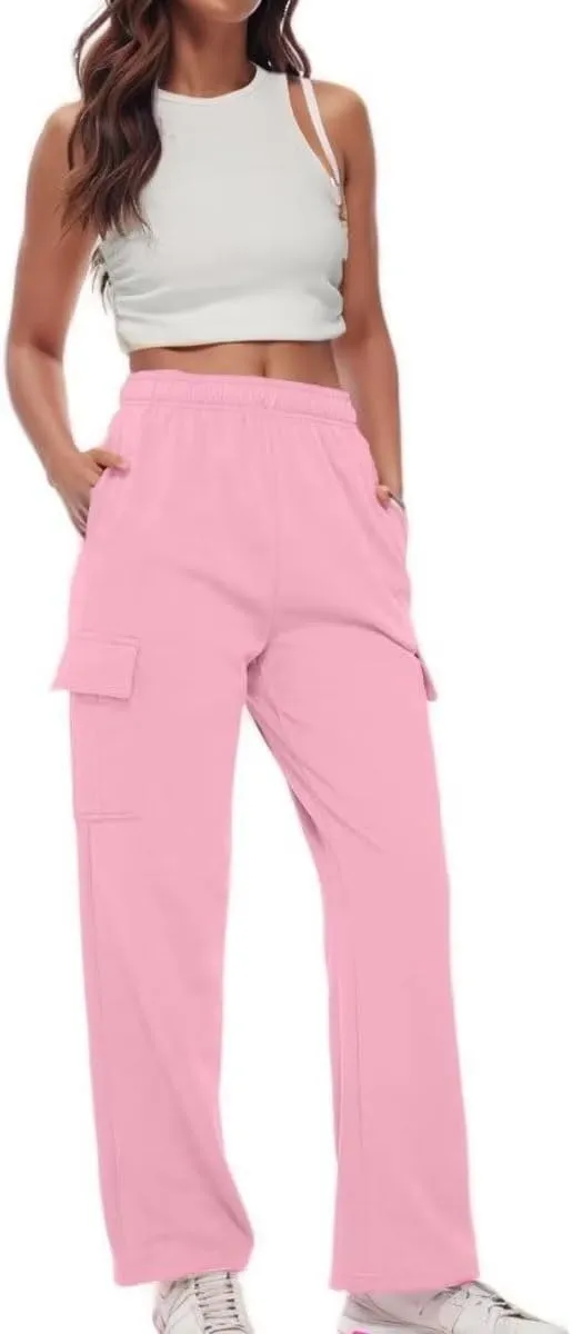 Womens Cargo Sweatpants Baggy Wide Leg Pants Warm Elastic High Waist Joggers Fall Track Lounge Trousers with Pockets