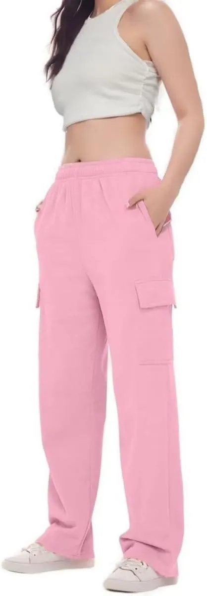 Womens Cargo Sweatpants Baggy Wide Leg Pants Warm Elastic High Waist Joggers Fall Track Lounge Trousers with Pockets