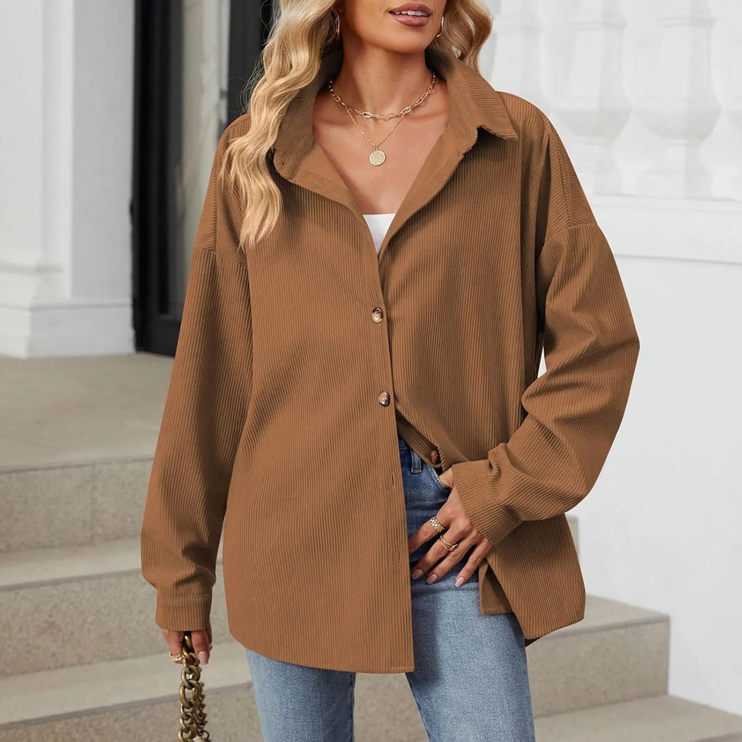Women's Casual Jacket Loose Fit Long Sleeve Button Down Shirt Shacket Tops Turn-Down Collar Boyfriend Style Coats