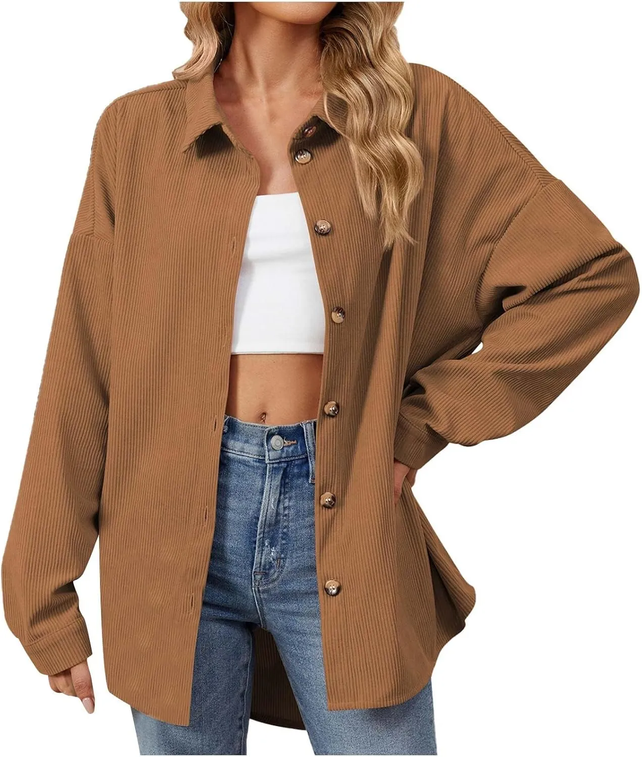 Women's Casual Jacket Loose Fit Long Sleeve Button Down Shirt Shacket Tops Turn-Down Collar Boyfriend Style Coats