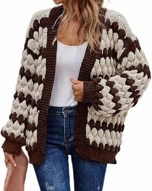 Womens Chunky Cardigan Sweaters Oversized Striped Colorblock Long Sleeve Open Front Cable Knit Fall Cardigan