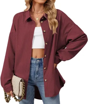 Womens Corduroy Button Down Shirts Solid Color Long Sleeve Blouses Tops Jackets Casual Vacation Work Jacket Coats