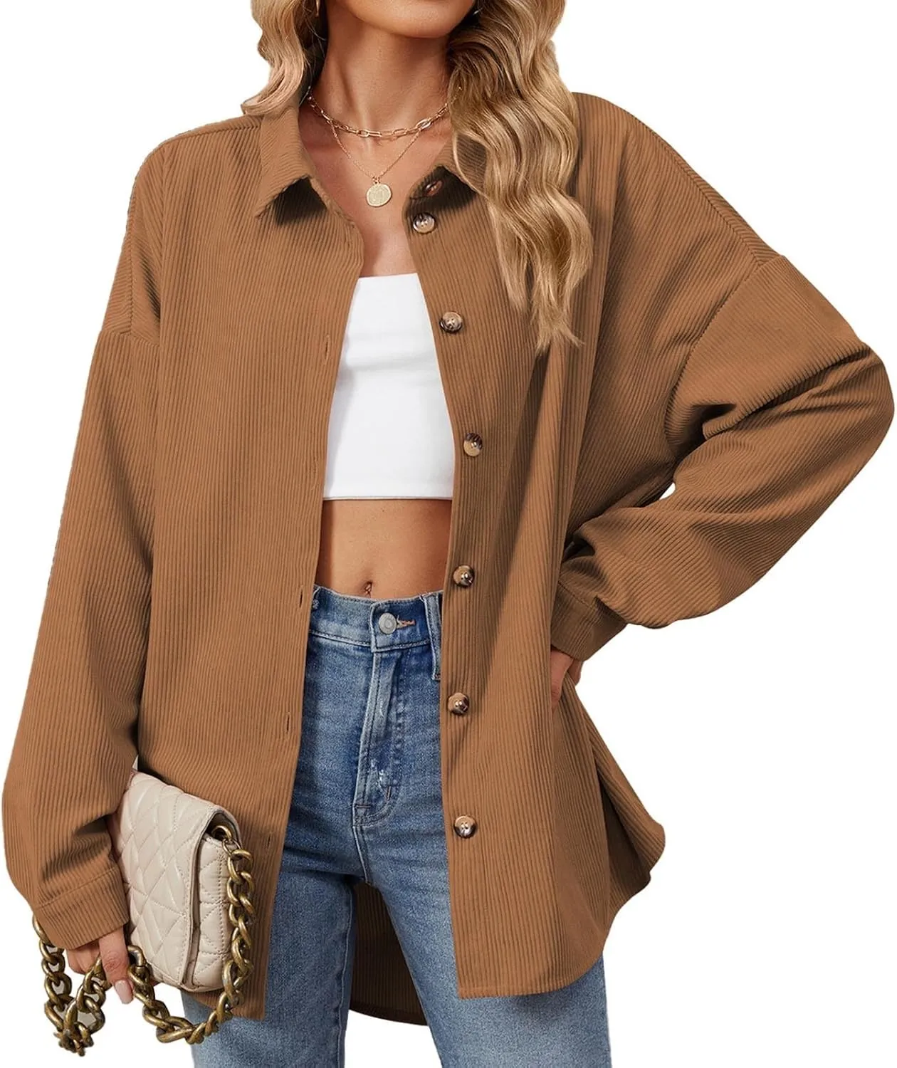 Womens Corduroy Shacket Blouses Button Down Shirts Long Sleeves Tops Jacket Coats Fashion Casual Jacket All Season