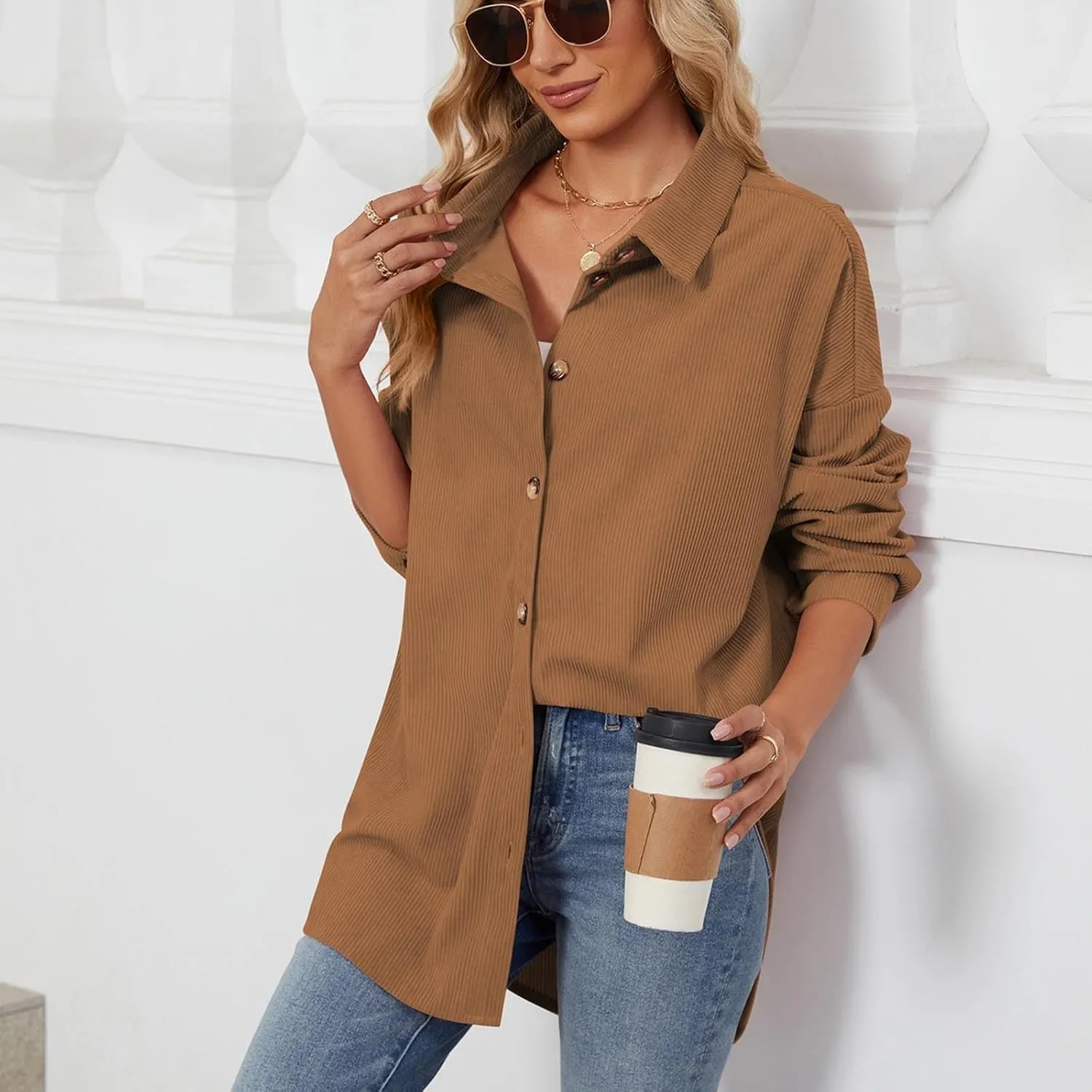 Womens Corduroy Shacket Blouses Button Down Shirts Long Sleeves Tops Jacket Coats Fashion Casual Jacket All Season