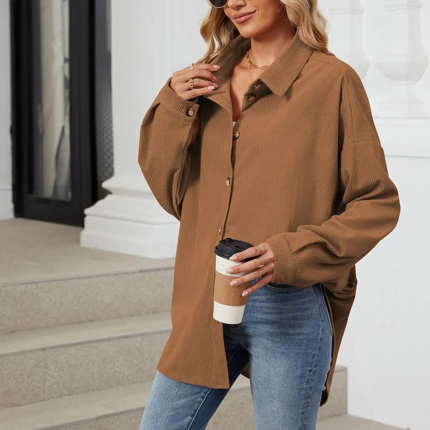 Womens Corduroy Shacket Blouses Button Down Shirts Long Sleeves Tops Jacket Coats Fashion Casual Jacket All Season