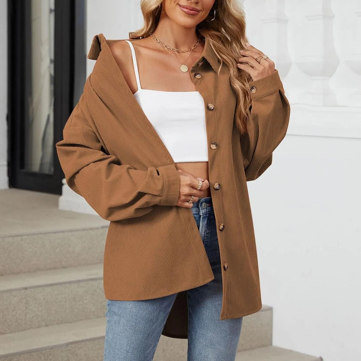 Womens Corduroy Shacket Blouses Button Down Shirts Long Sleeves Tops Jacket Coats Fashion Casual Jacket All Season