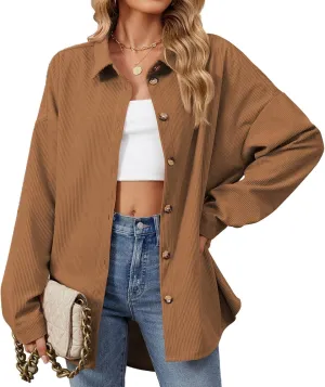 Womens Corduroy Shacket Blouses Button Down Shirts Long Sleeves Tops Jacket Coats Fashion Casual Jacket All Season