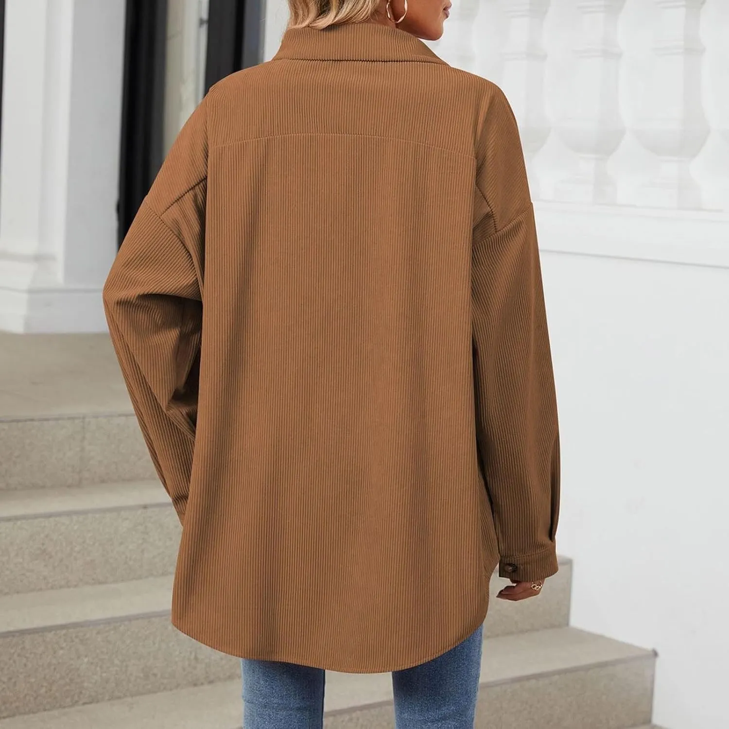 Womens Corduroy Shacket Blouses Button Down Shirts Long Sleeves Tops Jacket Coats Fashion Casual Jacket All Season
