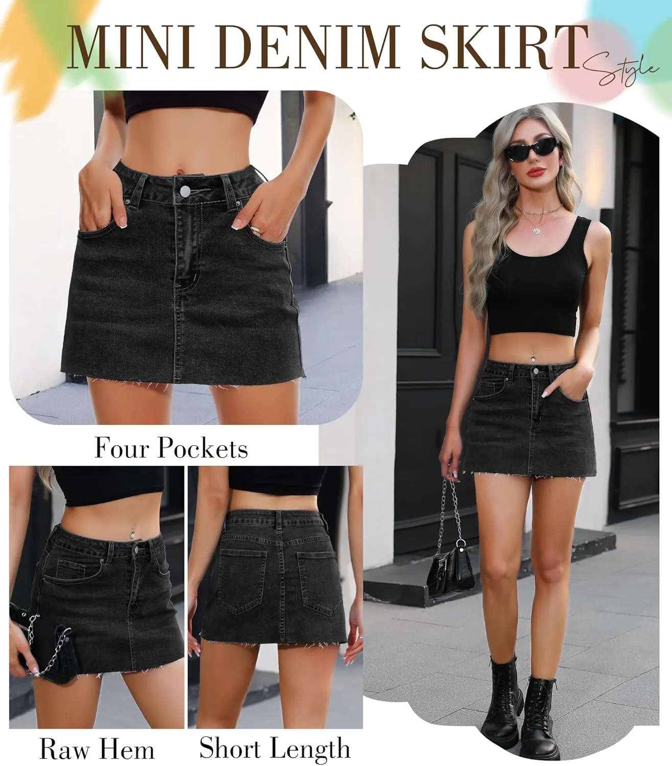 Womens Denim Mini Skirt Stretchy Mid Waist Casual Trendy Y2k Jean Skirts with Pockets
