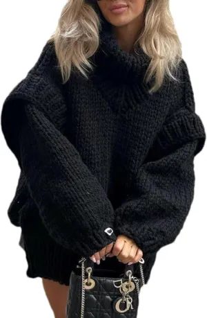 Womens Fall Winter Oversized Turtleneck Sweater Turtleneck Sweater Batwing Long Sleeve Chunky Knit Pullover Tops