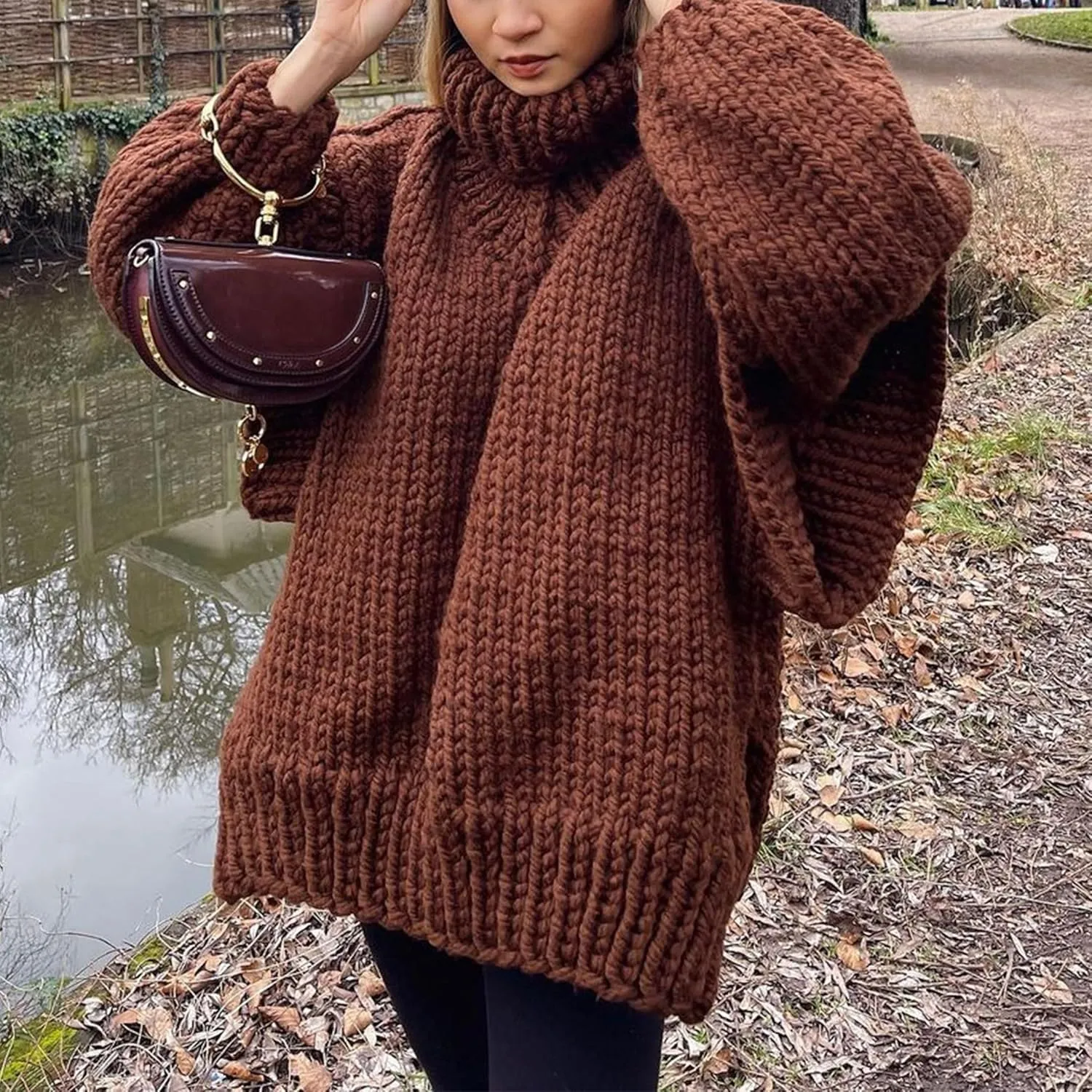Womens Fall Winter Oversized Turtleneck Sweater Turtleneck Sweater Batwing Long Sleeve Chunky Knit Pullover Tops