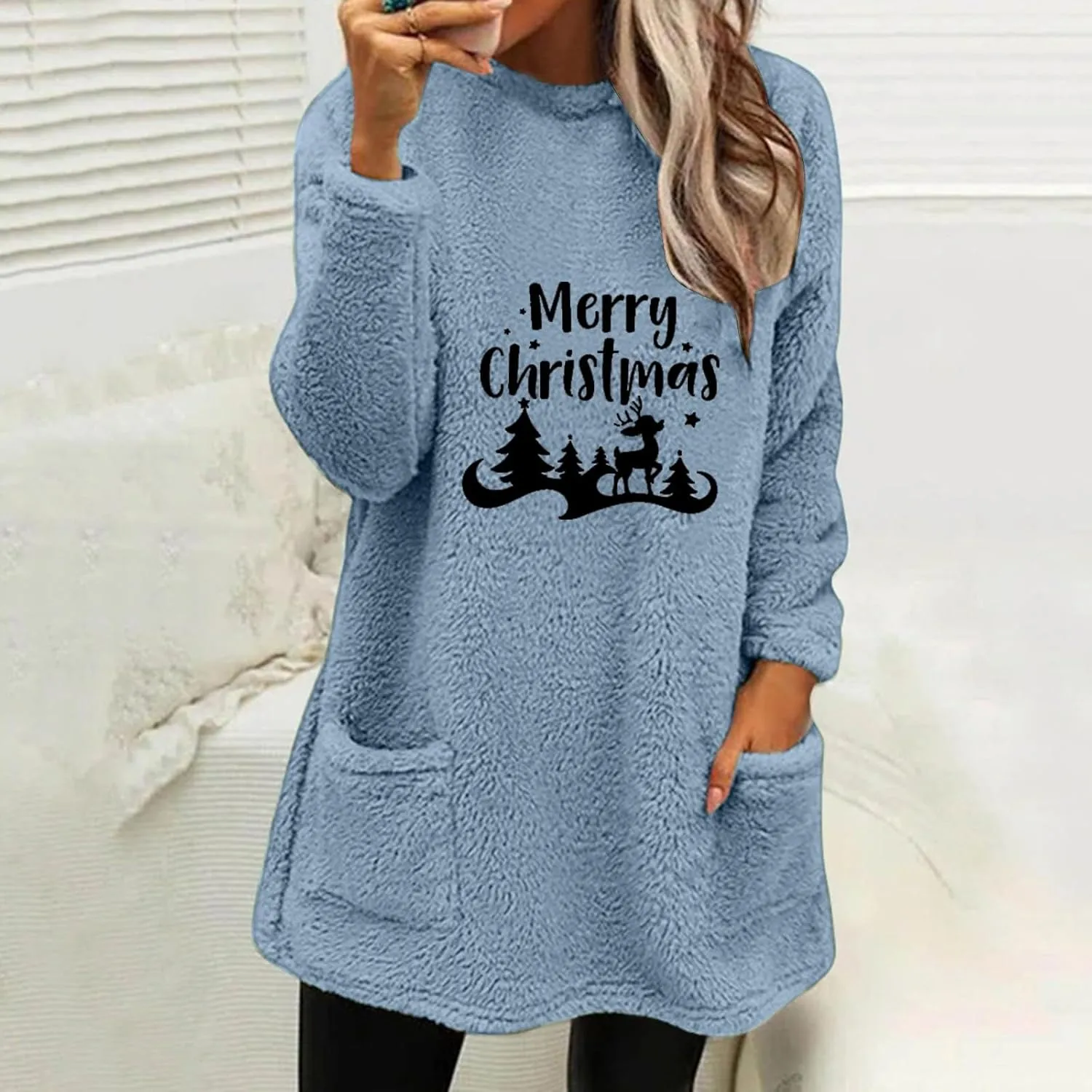 Women's Fuzzy Fleece Sweatshirts Long Sleeve Faux Fur Shaggy Sherpa Pullover Fall Winter Warm Outwear With Pockets