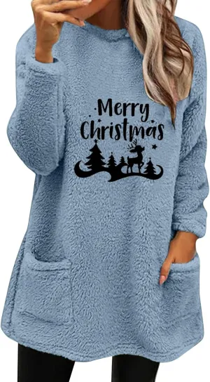 Women's Fuzzy Fleece Sweatshirts Long Sleeve Faux Fur Shaggy Sherpa Pullover Fall Winter Warm Outwear With Pockets