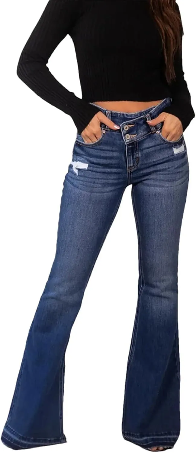 Women's High Stretch Flared Pants Fashion High Waist Skinny Jeans Classic Retro Punk Jeans Trousers