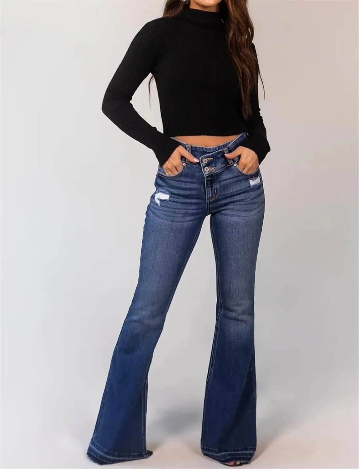 Women's High Stretch Flared Pants Fashion High Waist Skinny Jeans Classic Retro Punk Jeans Trousers