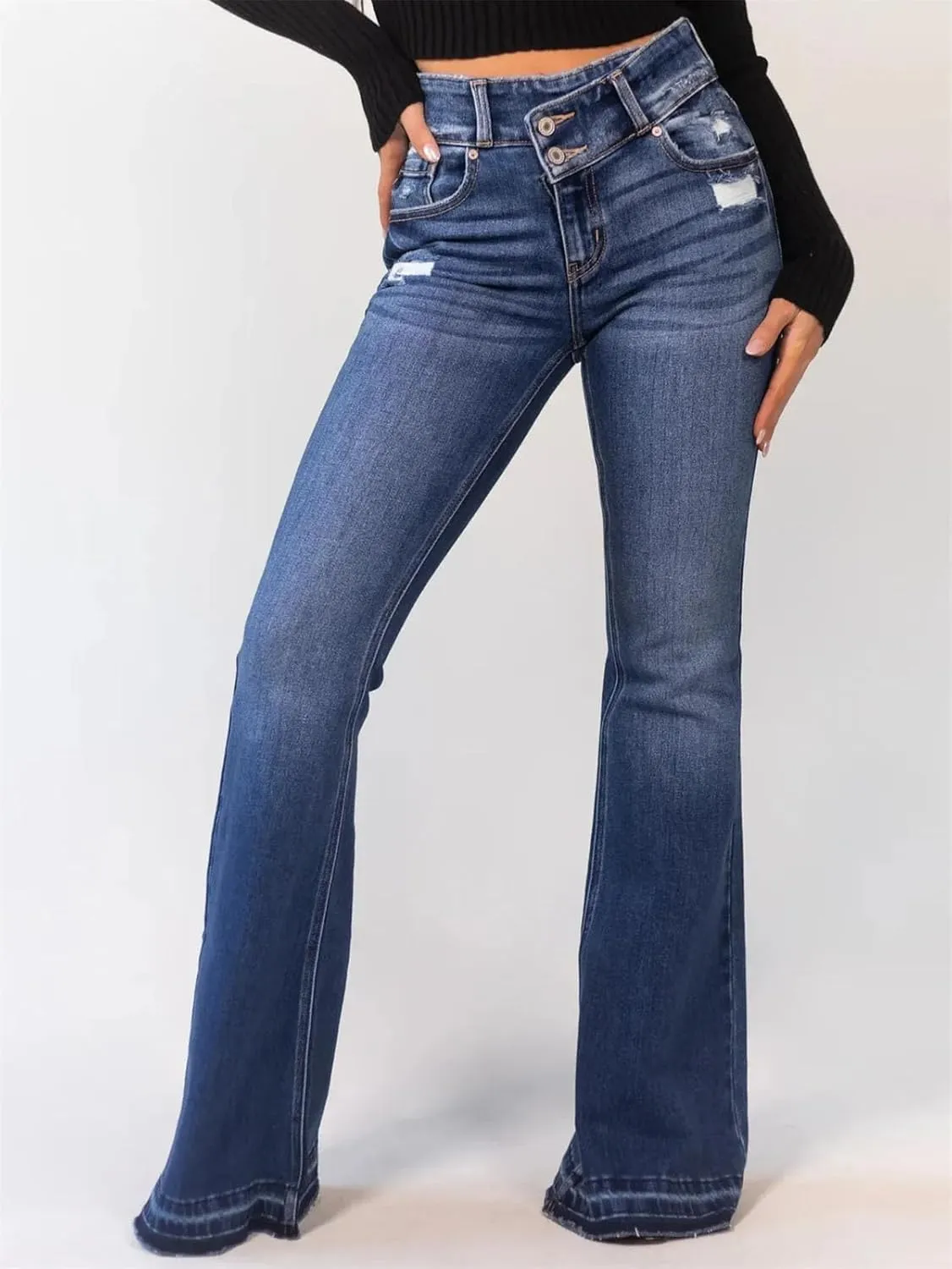Women's High Stretch Flared Pants Fashion High Waist Skinny Jeans Classic Retro Punk Jeans Trousers