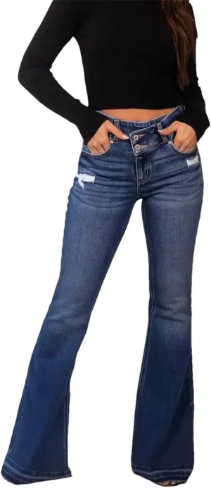 Women's High Stretch Flared Pants Fashion High Waist Skinny Jeans Classic Retro Punk Jeans Trousers