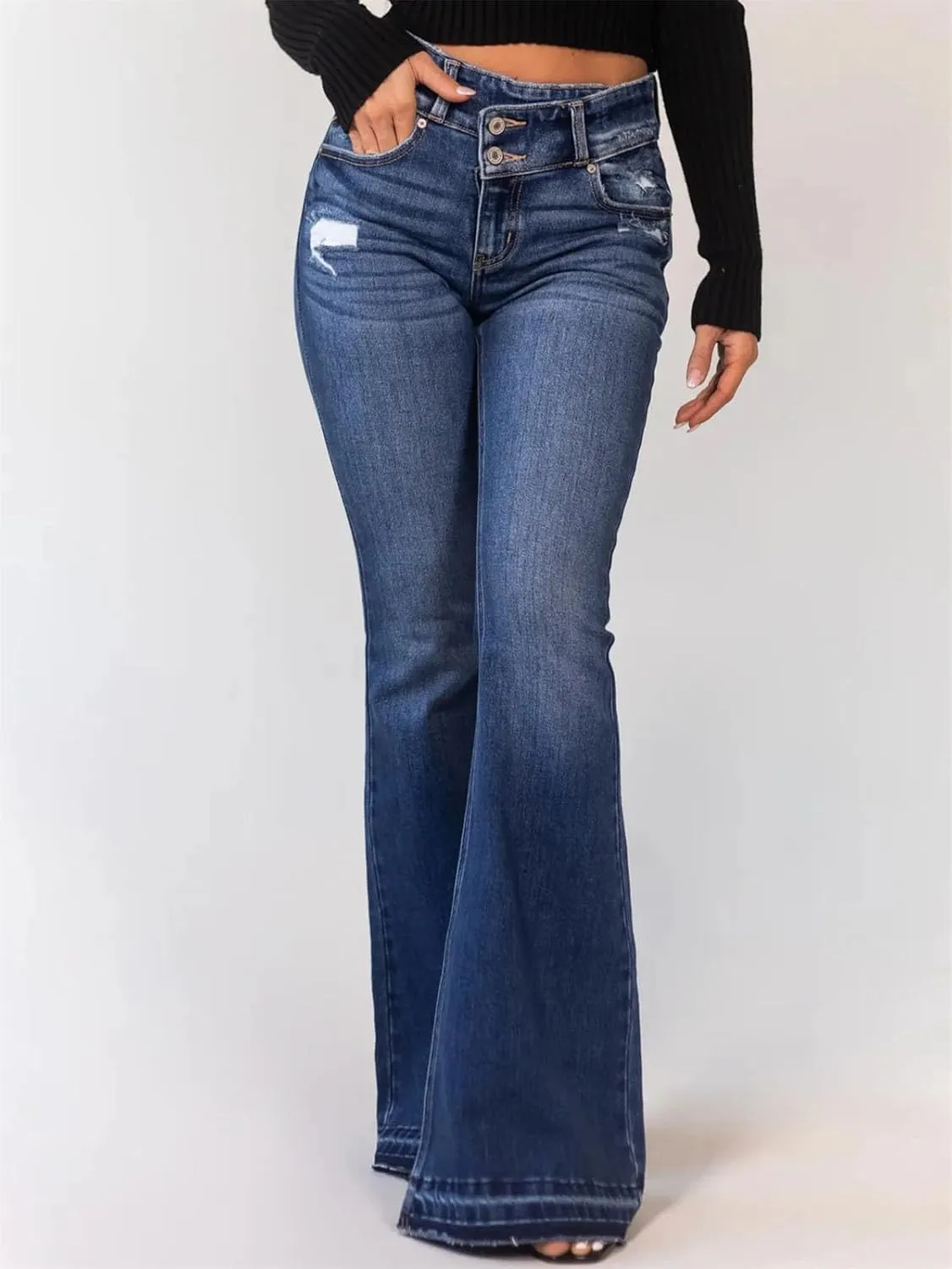 Women's High Stretch Flared Pants Fashion High Waist Skinny Jeans Classic Retro Punk Jeans Trousers