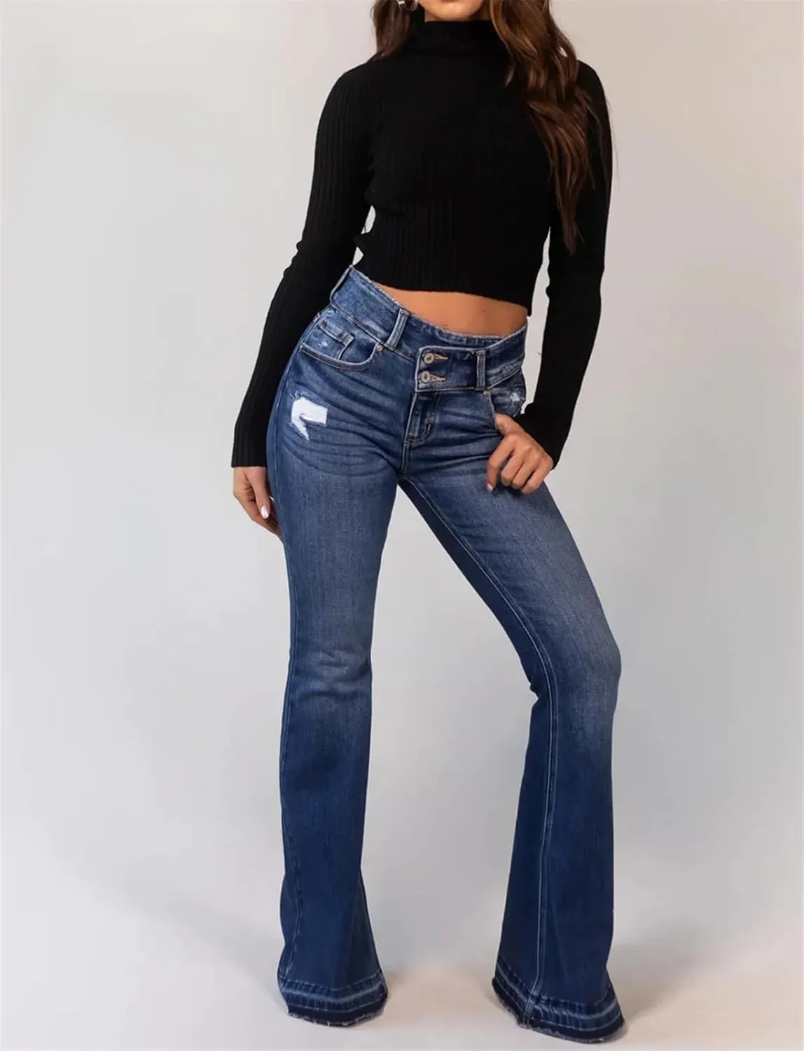 Women's High Stretch Flared Pants Fashion High Waist Skinny Jeans Classic Retro Punk Jeans Trousers