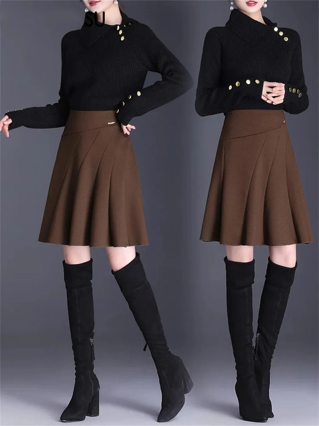 Womens High Waist Black Brown Pleated Mini Skirt