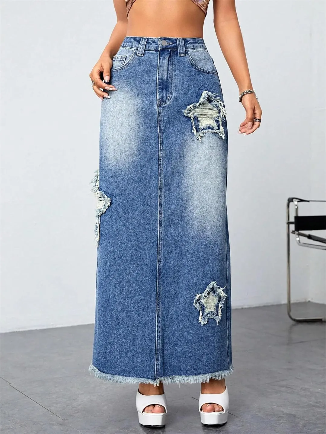 Women's High Waist Ripped Maxi Baggy Skirts American Retro Style Bleached Boho Denim Skirts