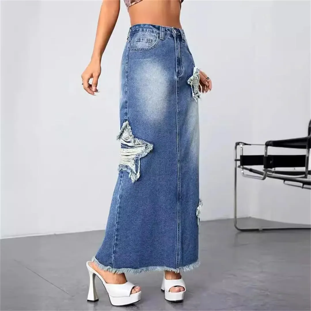 Women's High Waist Ripped Maxi Baggy Skirts American Retro Style Bleached Boho Denim Skirts