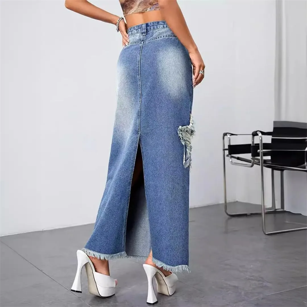 Women's High Waist Ripped Maxi Baggy Skirts American Retro Style Bleached Boho Denim Skirts