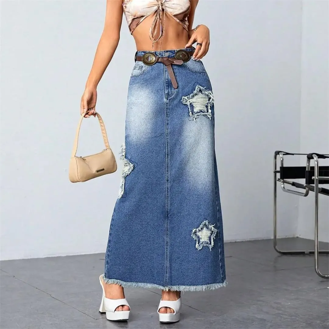 Women's High Waist Ripped Maxi Baggy Skirts American Retro Style Bleached Boho Denim Skirts