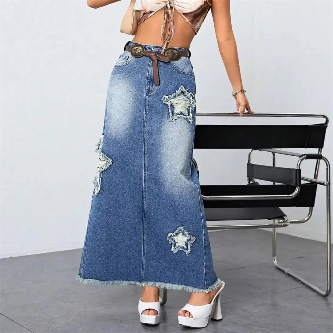 Women's High Waist Ripped Maxi Baggy Skirts American Retro Style Bleached Boho Denim Skirts