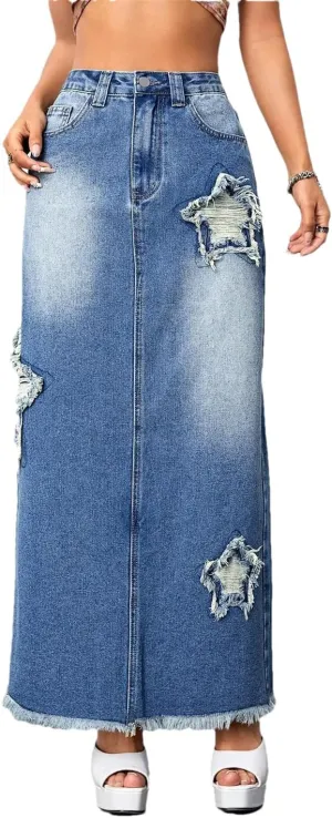 Women's High Waist Ripped Maxi Baggy Skirts American Retro Style Bleached Boho Denim Skirts