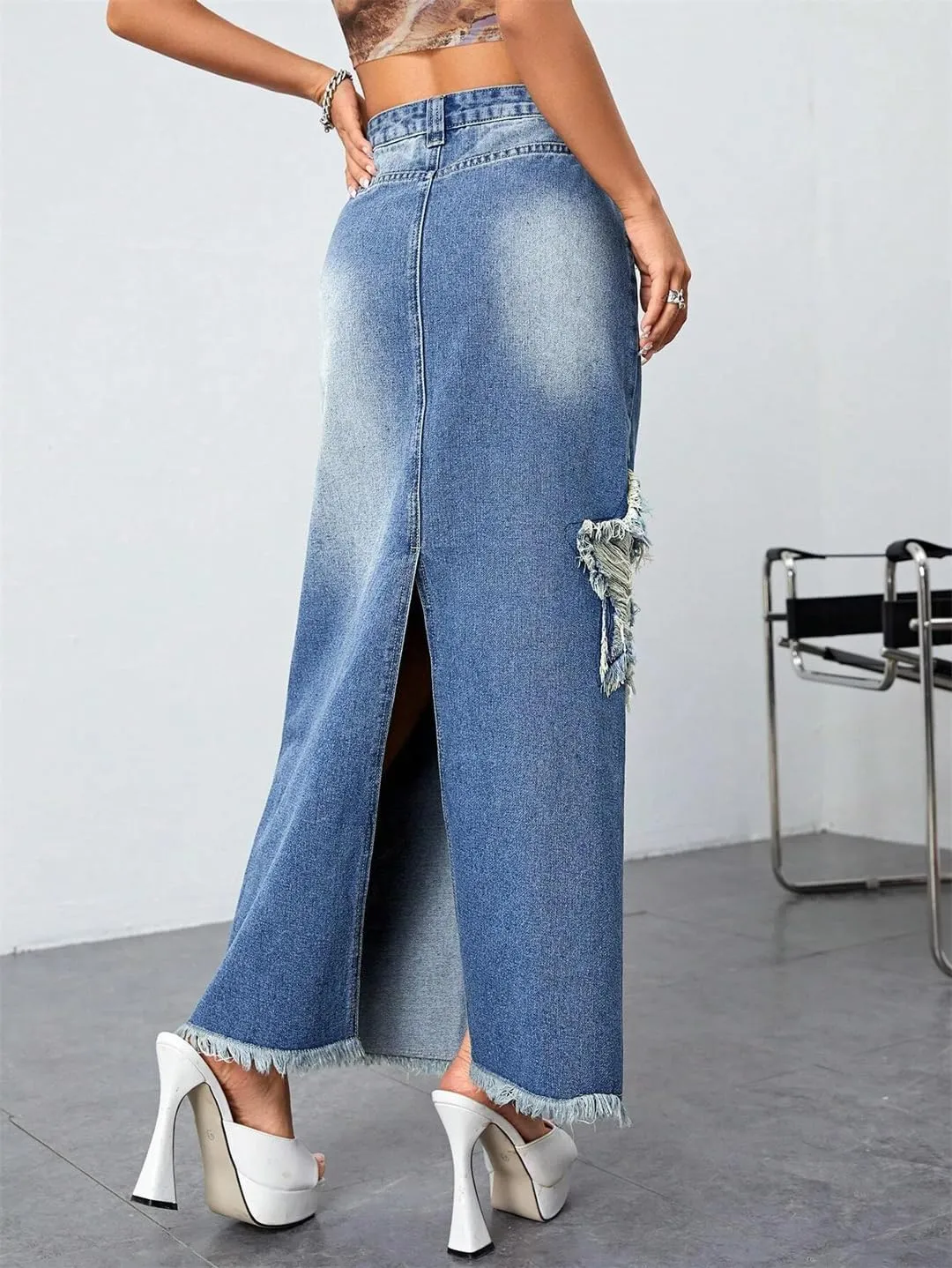 Women's High Waist Ripped Maxi Baggy Skirts American Retro Style Bleached Boho Denim Skirts