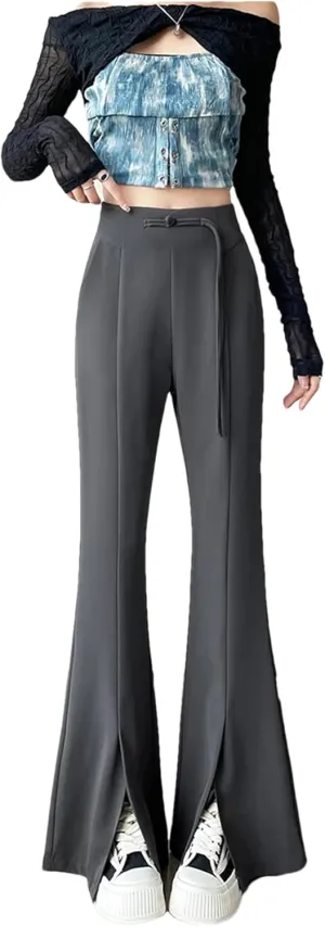 Women's High Waist Suit Wide Leg Full Pants Summer Elegant Buttons Straight Loose Trousers